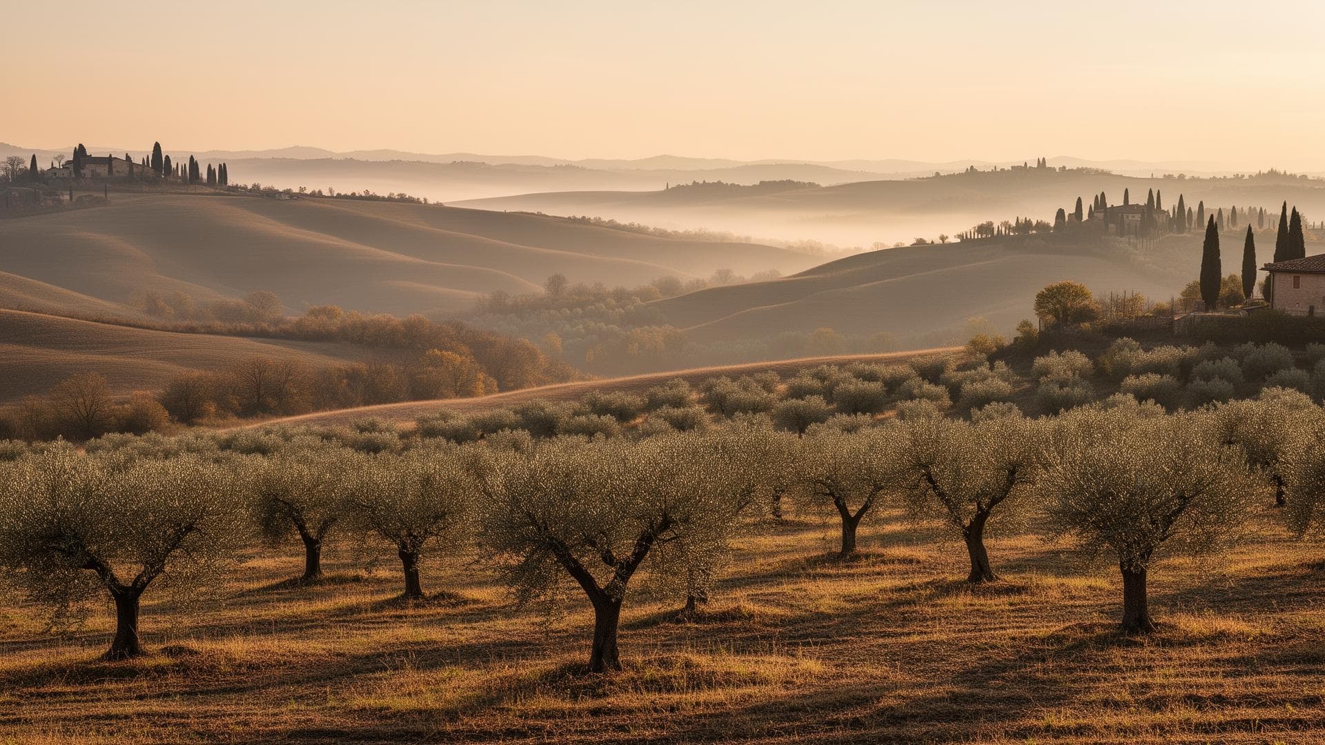 Misty Tuscan olive grove and rolling hills at sunrise